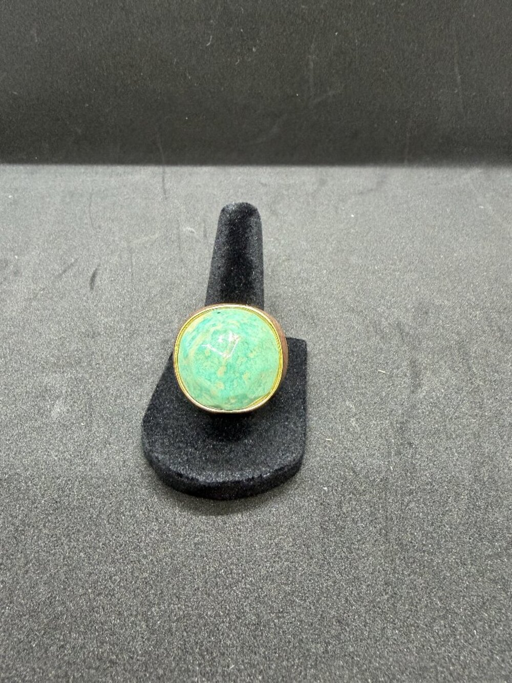 Turquoise and wood ring with gold trim size 6